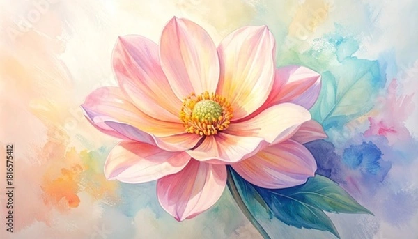 Obraz Vibrant pastel pink flower with delicate petals and a yellow center, set against a soft, dreamy watercolor background, portraying natural beauty and peaceful serenity