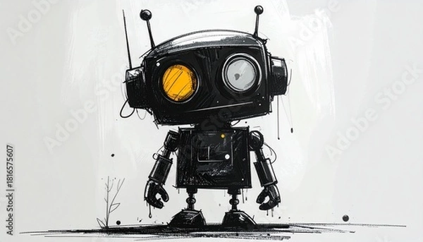 Obraz Hand-drawn black robot illustration with stylized yellow eye, visible wires, and antennas, embodying artificial intelligence