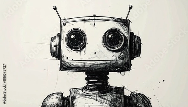 Obraz Captivating hand-drawn sketch of a vintage-style robot with large, expressive eyes and antennae, illustrating the charming fusion of technology and artistic whimsy