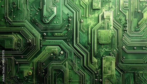 Obraz Abstract digital background featuring a detailed green electronic circuit board, symbolizing innovation, connectivity, and technological advancement