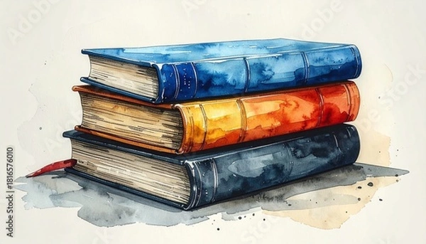 Obraz Watercolor painting of stacked old books, featuring bold ink outlines and a rich color palette, representing knowledge, history, and timeless wisdom