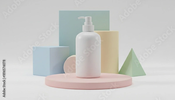 Obraz A blank, white, minimalist cosmetic lotion pump bottle gracefully presented on a soft pastel pink podium, surrounded by various geometric shapes in a clean, modern studio setting