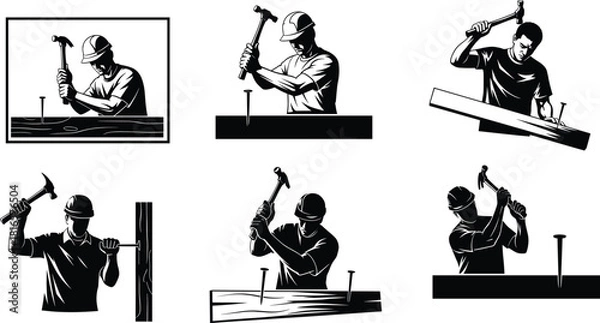 Fototapeta Construction worker silhouette, hammering nails into wood, manual labor posture, safety helmet, industrial craftsmanship, black graphic, carpentry work, building task, flat vector