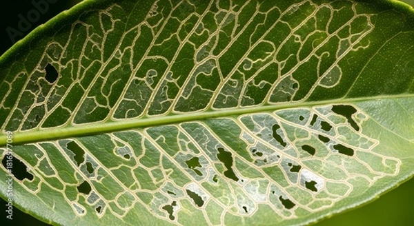 Obraz Macro shot of green skeleton leaf showing intricate vein network and insect holes