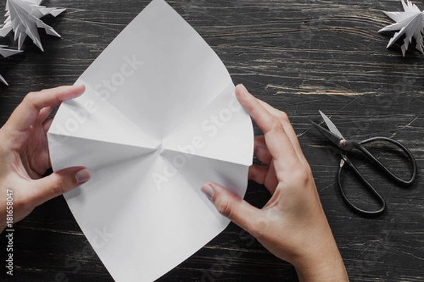 Fototapeta Paper Christmas tree making. Step by step, tutorial, top view