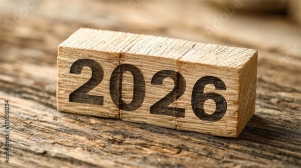Fototapeta Wooden Blocks Displaying the Year 2026 on a Rustic Wooden Surface for New Year Celebrations and Future Planning Enthusiasm