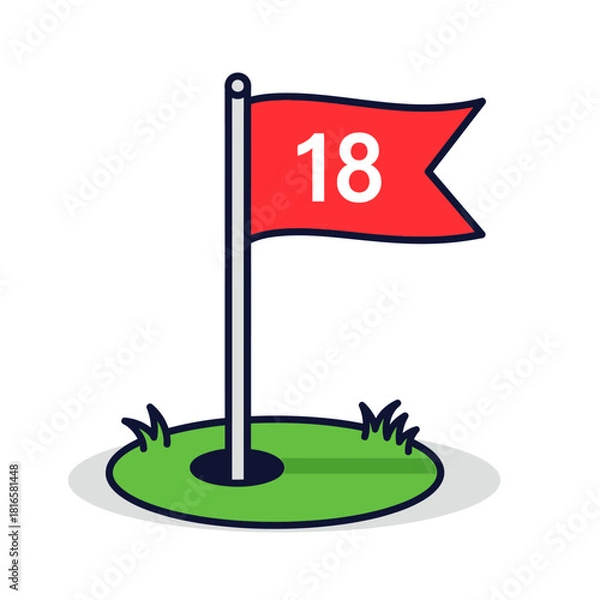 Obraz Golf Hole Number 18 - Red Flag with White Number on Green Course.