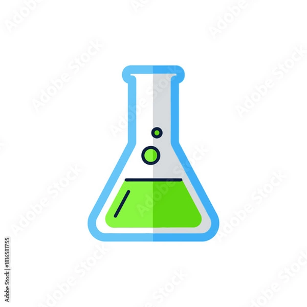 Fototapeta Green Liquid in Erlenmeyer Flask with Blue Outline and Bubbles.