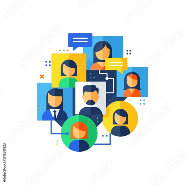 Fototapeta Group of diverse people avatars with speech bubbles in a flat design style.