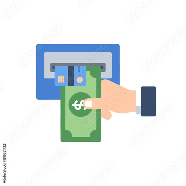 Fototapeta Hand withdrawing green dollar bill from blue ATM machine with credit card.