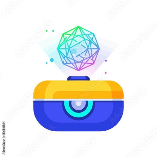 Fototapeta Holographic Projector with Geometric Sphere - Blue, Yellow, and Rainbow-Colored Digital Display.