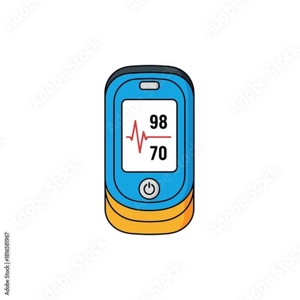 Fototapeta Illustrated blue and orange pulse oximeter showing 98 SpO2 and 70 BPM heart rate.