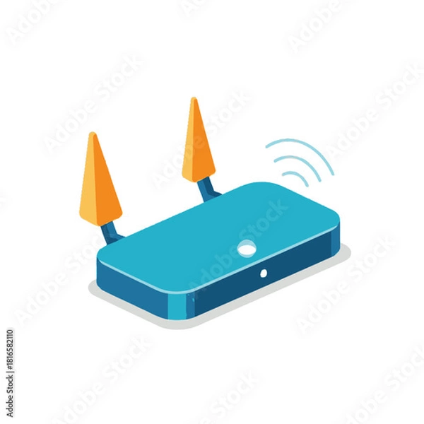 Fototapeta Isometric illustration of a blue Wi-Fi router with two orange cone-shaped antennas and a signal icon.