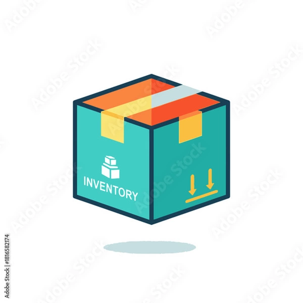Fototapeta Isometric Teal Inventory Box with Orange Tape and Inventory Text.