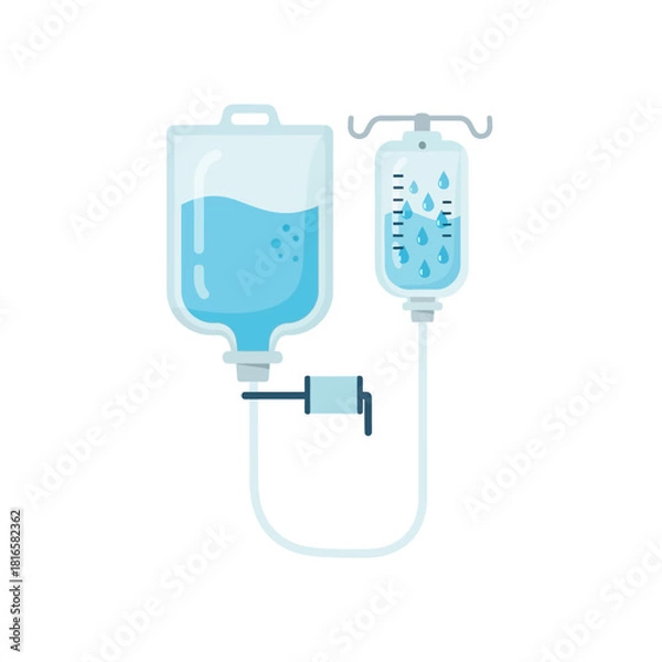 Fototapeta Flat design medical intravenous drip illustration with two connected bags of blue fluid.
