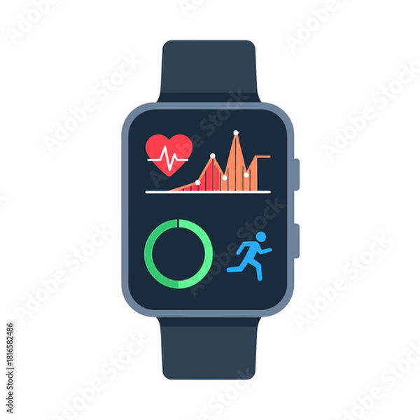 Fototapeta Flat design smartwatch displaying health and fitness data, heart rate, activity tracking, and progress.