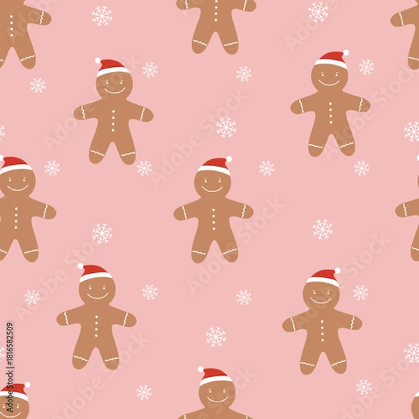 Obraz Seamless pattern with gingerman in red hat and snowflakes