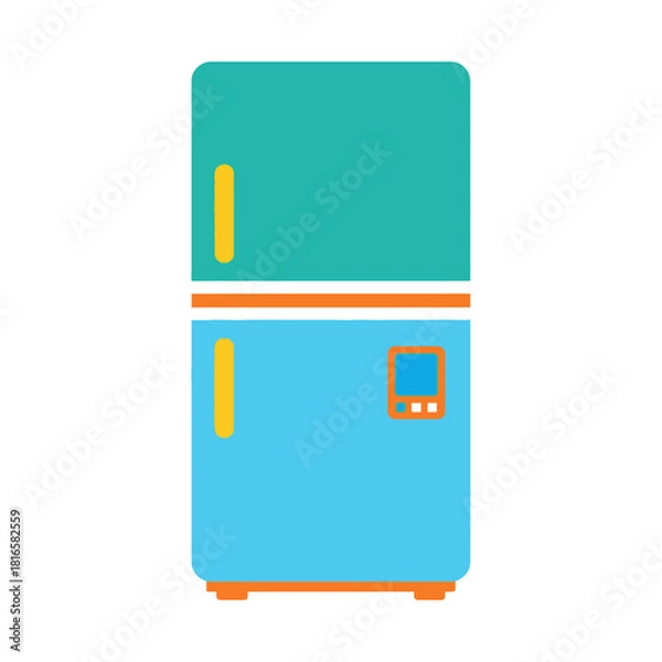 Fototapeta Flat design two-door refrigerator with teal top, blue bottom, yellow handles, and orange control panel.