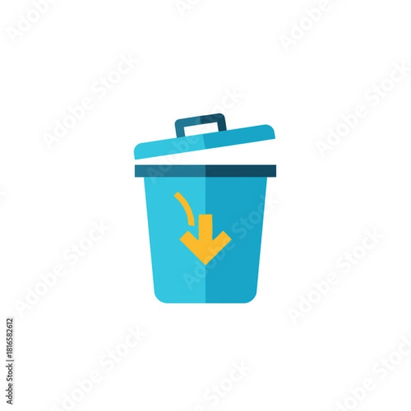Fototapeta Flat Icon of a Blue Trash Can with Open Lid and Yellow Arrow.