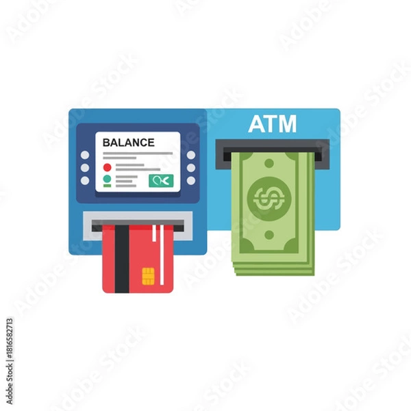 Obraz Flat Illustration of a Blue ATM Dispensing Cash and Accepting Credit Card.