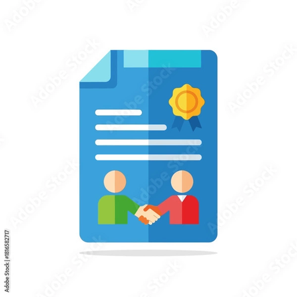Fototapeta Flat Illustration of a Blue Contract Document with Handshake and Seal.