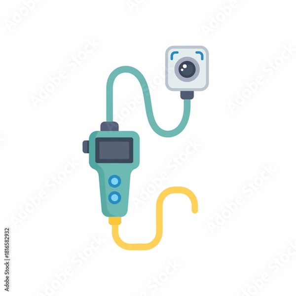 Obraz Modern teal handheld endoscope camera with square lens and flexible cables for inspection.