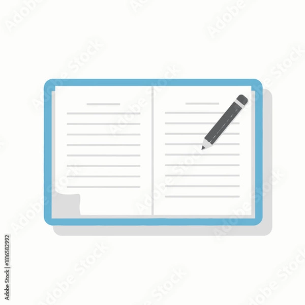 Obraz Open blue notebook with lined pages and a grey pencil, flat vector illustration for writing or study.