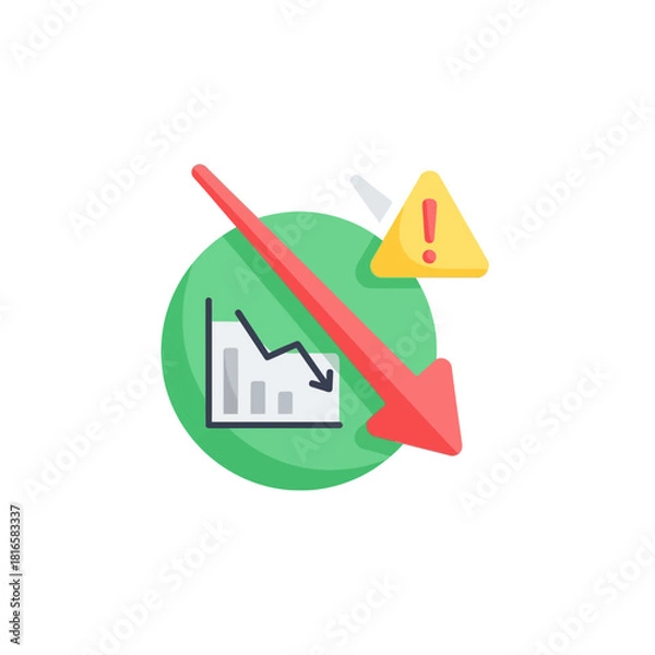 Obraz Red Arrow Pointing Downward with Graph and Warning Sign on Green Circle.
