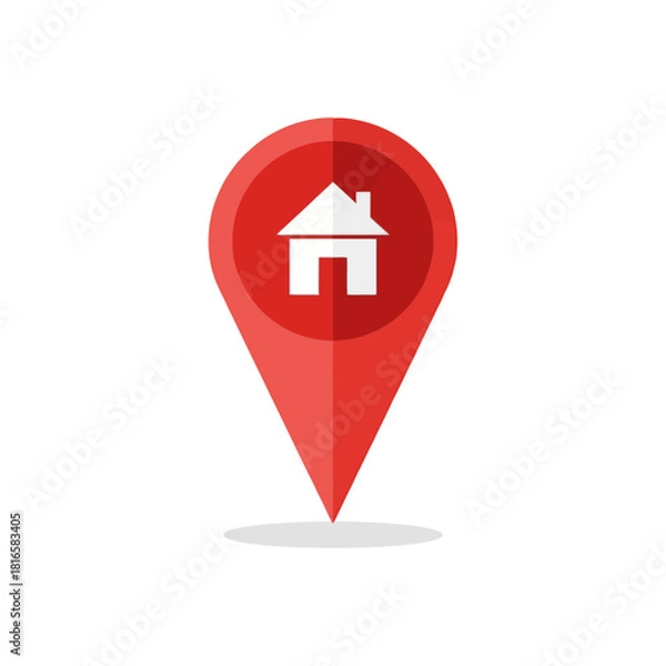 Obraz Red flat design map pin icon with a white house symbol, a location marker for a home address.