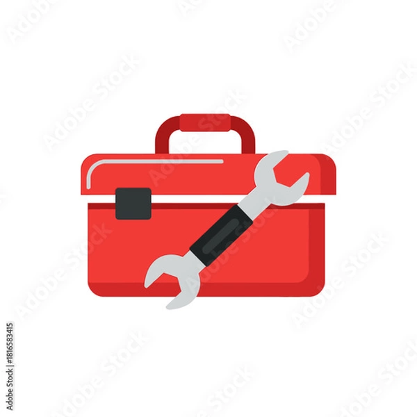 Obraz Red toolbox with a silver wrench, a flat vector icon for repair and maintenance.