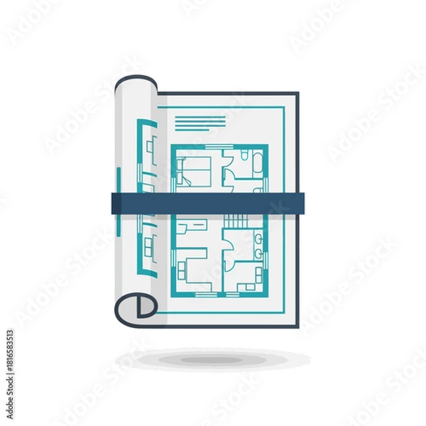 Obraz Rolled architectural blueprint with teal lines and dark blue band, showing floor plan details.