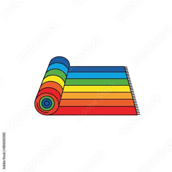 Obraz Rolled-up Rainbow Striped Beach Mat with Fringed Edges, Colorful Design.