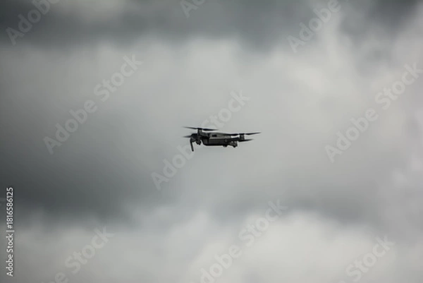 Fototapeta Drone with camera flying against cloudy sky. The image highlights modern aerial technology, stability, and unmanned flight capability in outdoor conditions.
