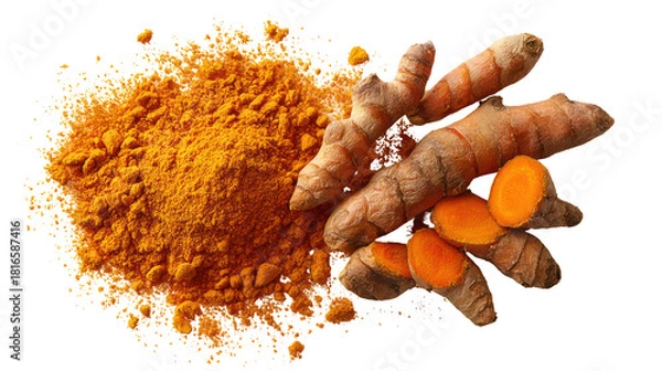 Obraz Fresh turmeric roots and powder isolated on transparent background