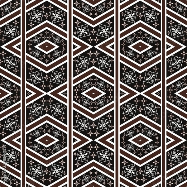 Obraz Seamless fabric pattern, Bohemian, Brown, Black, Red, White, Geometric, Antique, Native American, Fabric, Background. black and white background 