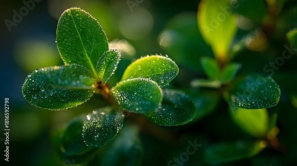Fototapeta Close up of vibrant green leaves with sparkling morning dew drops.