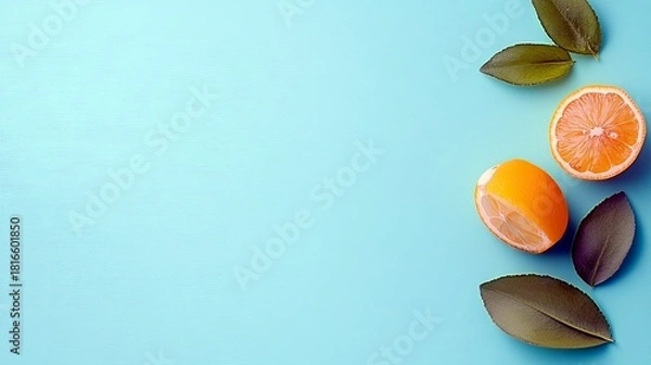 Fototapeta Two halves of a bright orange citrus fruit, one whole and one sliced, are arranged on a vibrant blue background. Several dark green leaves are scattered around