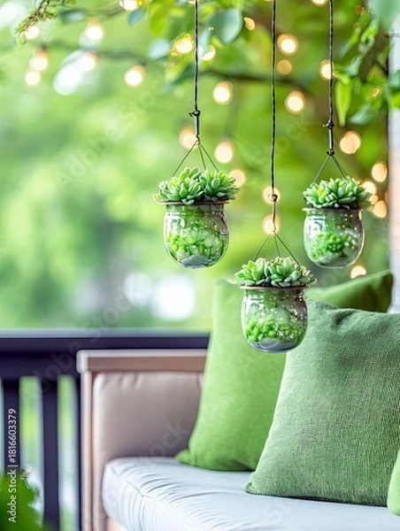 Fototapeta Three glass jars filled with green succulents and pebbles are hanging from thin strings. A light-colored sofa with green cushions is visible in the foreground.