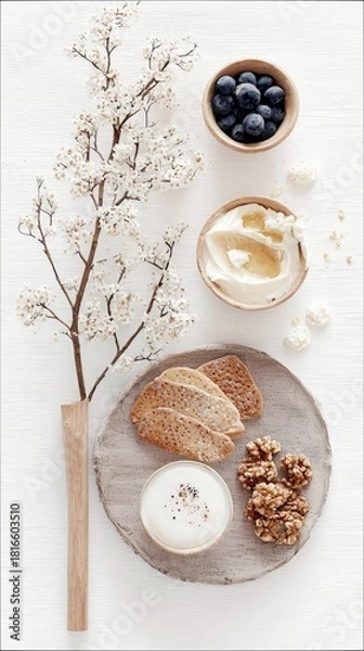 Fototapeta A top-down view of a healthy breakfast spread on a white wooden surface. Includes a wooden vase with white blossoms, a bowl of blueberries, a bowl of yogurt wit