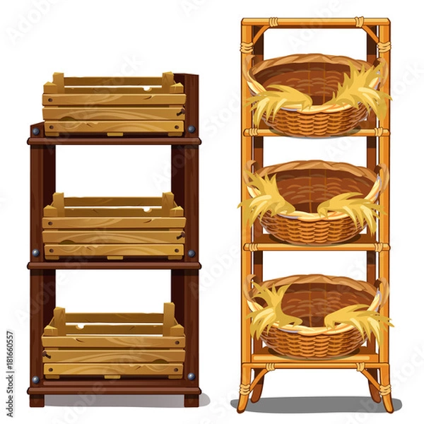 Obraz Boxes and baskets with straw on storage racks. Reliable preserving of products for the winter. Vector Illustration in cartoon style isolated on white background