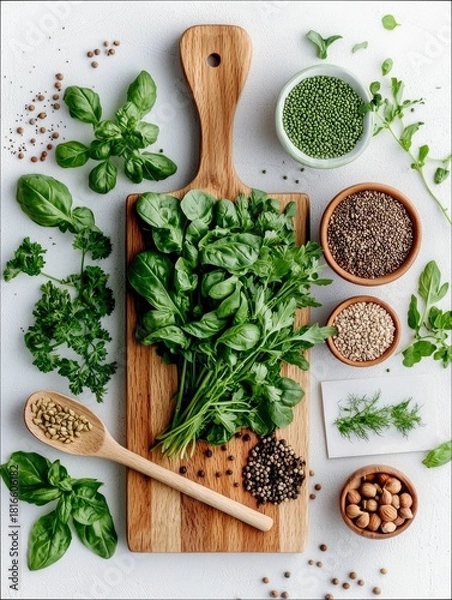 Fototapeta A top-down view of a wooden cutting board filled with fresh basil and parsley, surrounded by various spices in bowls and a spoon, with scattered peppercorns and