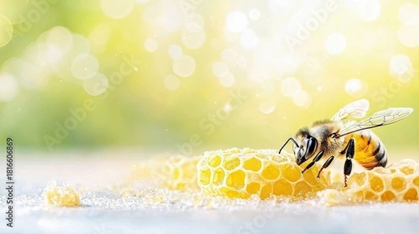 Fototapeta A close-up macro shot of a honeybee perched on a piece of honeycomb. The background is a soft, blurred green and yellow bokeh, suggesting a sunny outdoor enviro