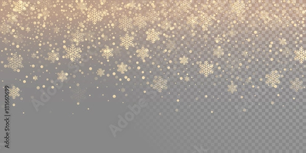 Fototapeta Spadające śnieżynka złoty wzór tła. Złota nakładka śniegu tekstury na białym tle na przezroczystym białym tle. Zima Boże Narodzenie elementy śnieżynka Boże Narodzenie nowego roku szablon projektu wakacje