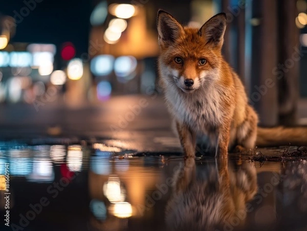 Fototapeta A beautiful red fox captured at eye level, reflecting in a puddle on a wet city street at night with bokeh lights.
