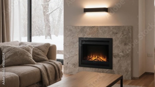 Obraz Cozy Living Room with Modern Fireplace and Comfortable Sofa.