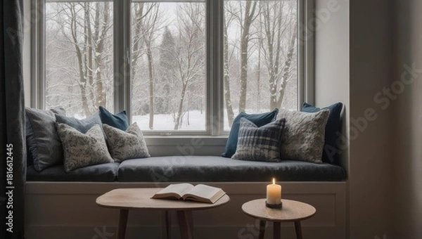 Obraz Cozy window seat reading nook with a candle and winter view.