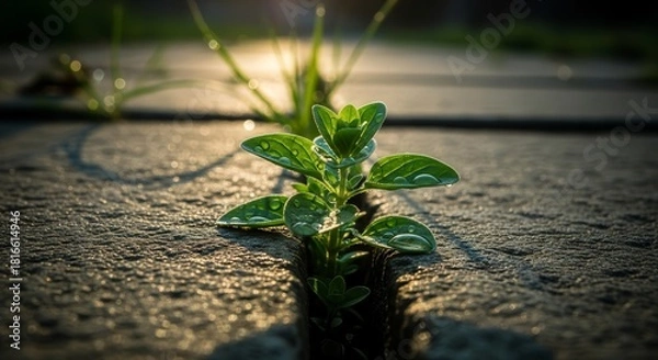 Fototapeta A Green Plant Emerges Triumphant From A Crack In The Pavement Surprised by the light