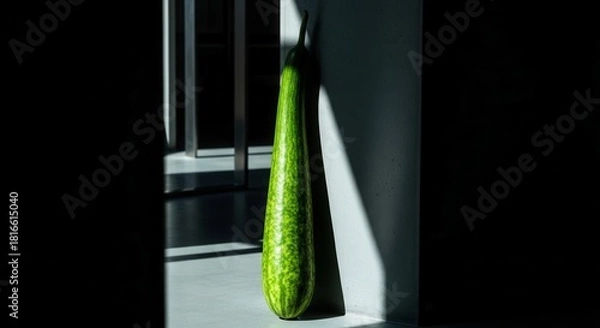 Fototapeta A Green Zucchini Leaning Against a White Wall with Dramatic Shadow and Light Interaction