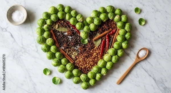 Fototapeta A Heart Composed Of Fresh Brussels Sprouts And Various Spices Displayed