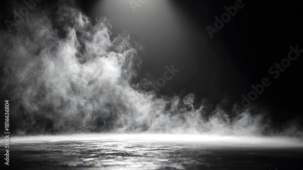 Obraz Dramatic spotlight illuminates billowing smoke on a dark empty stage floor.